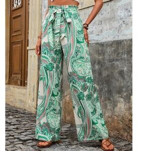 Boho Paisley Print Stretchy Waist Wide leg Front Tie Pants